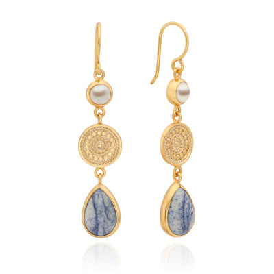 Anna Beck Gold Dumortierite and Pearl Triple Drop Earrings