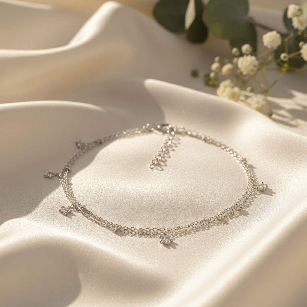 Crystal Flowers Double Chain Anklet - Sterling Silver