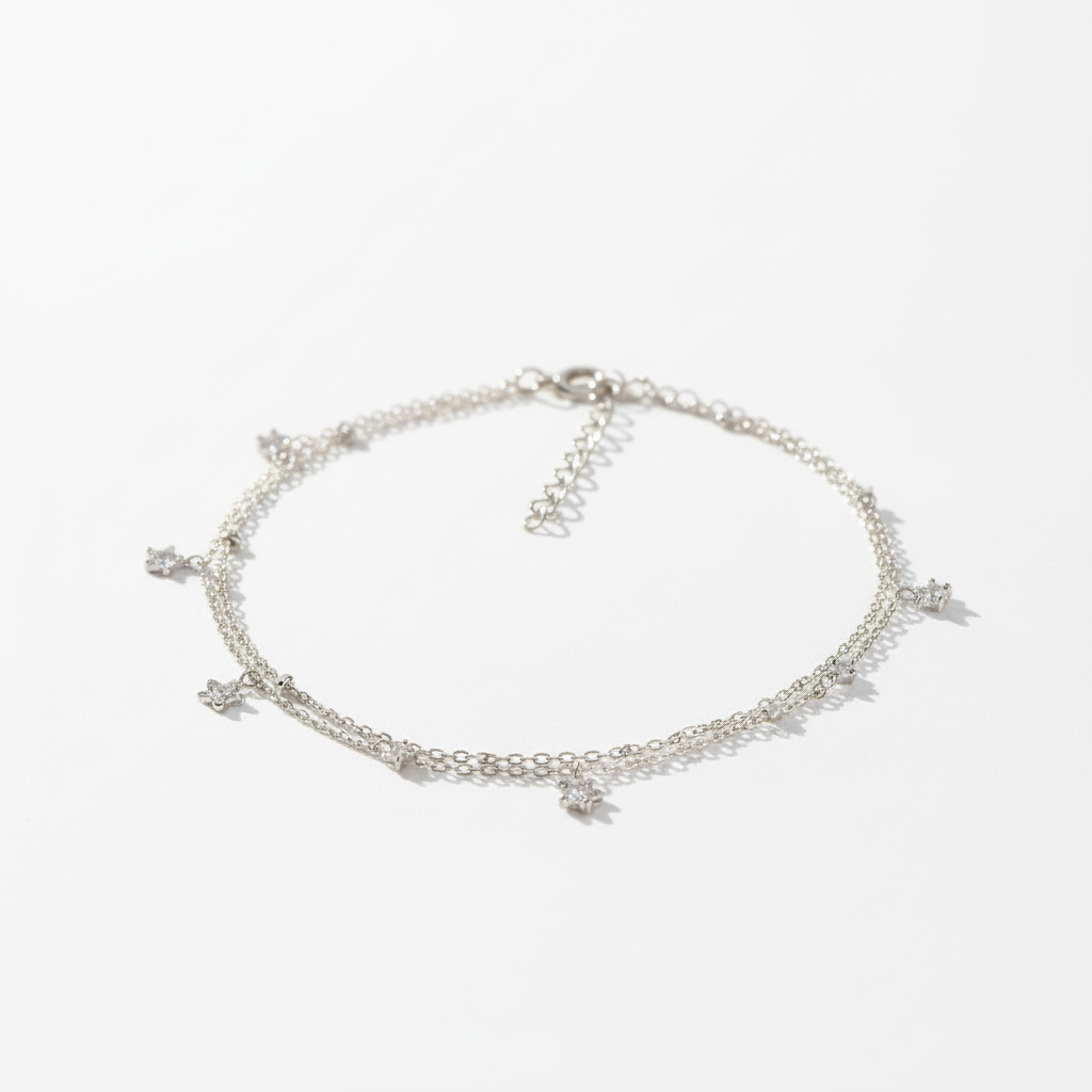 Crystal Flowers Double Chain Anklet - Sterling Silver
