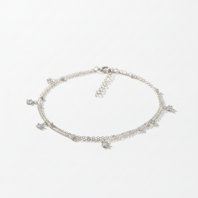 Crystal Flowers Double Chain Anklet - Sterling Silver