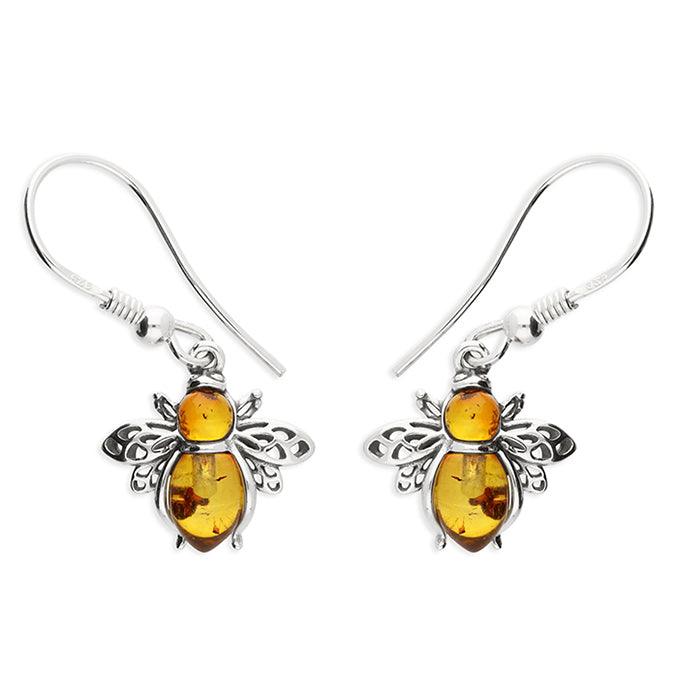 Sterling Silver Amber Bee Drop Earrings - Rococo Jewellery