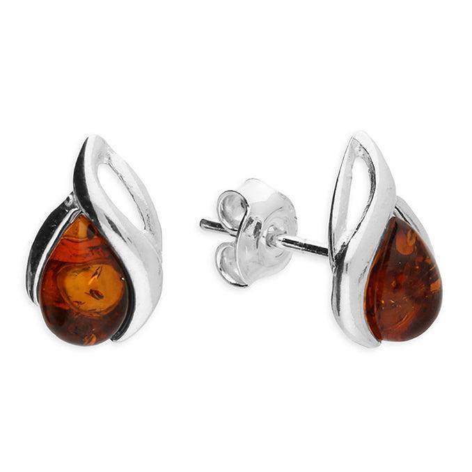 Sterling Silver Amber Teardrop Stud Earrings - Rococo Jewellery