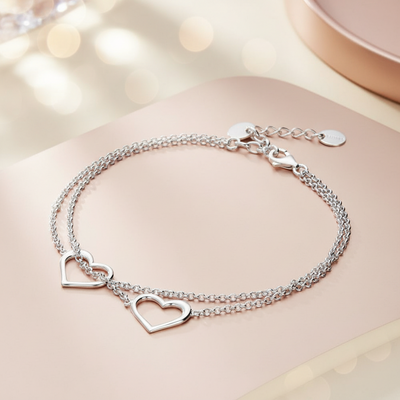 Sterling Silver Double Open Heart Chain Bracelet