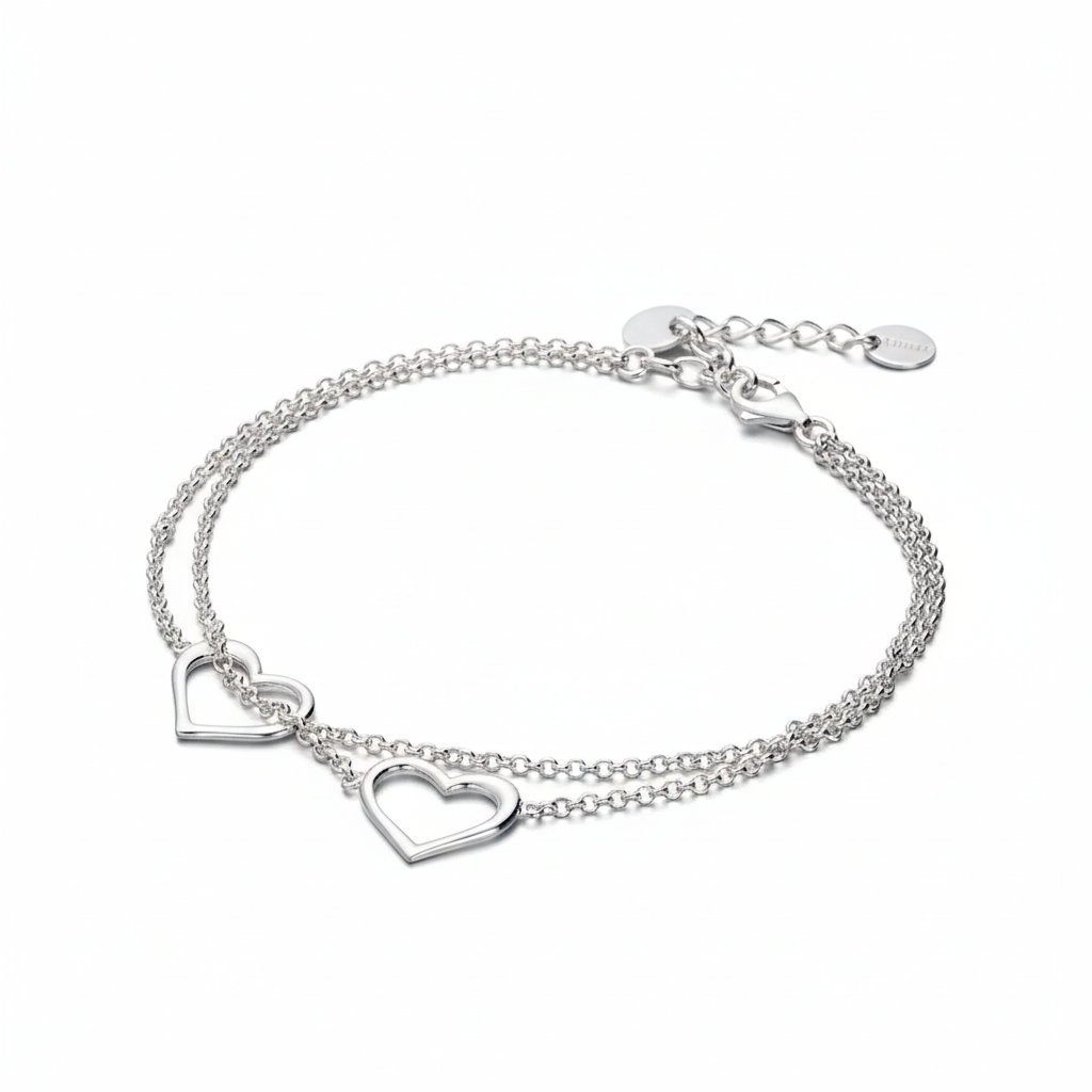 Sterling Silver Double Open Heart Chain Bracelet