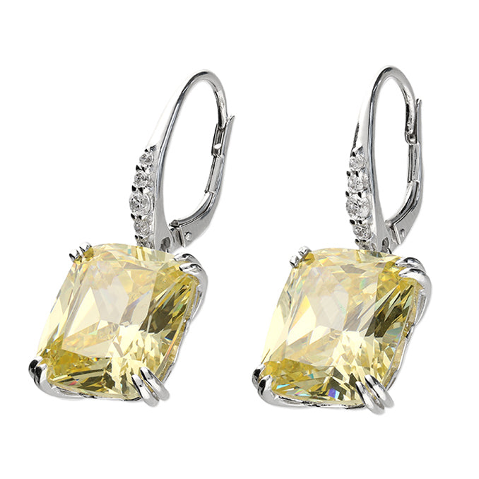 Sterling Silver Yellow Zirconia Cushion Cut Drop Earrings