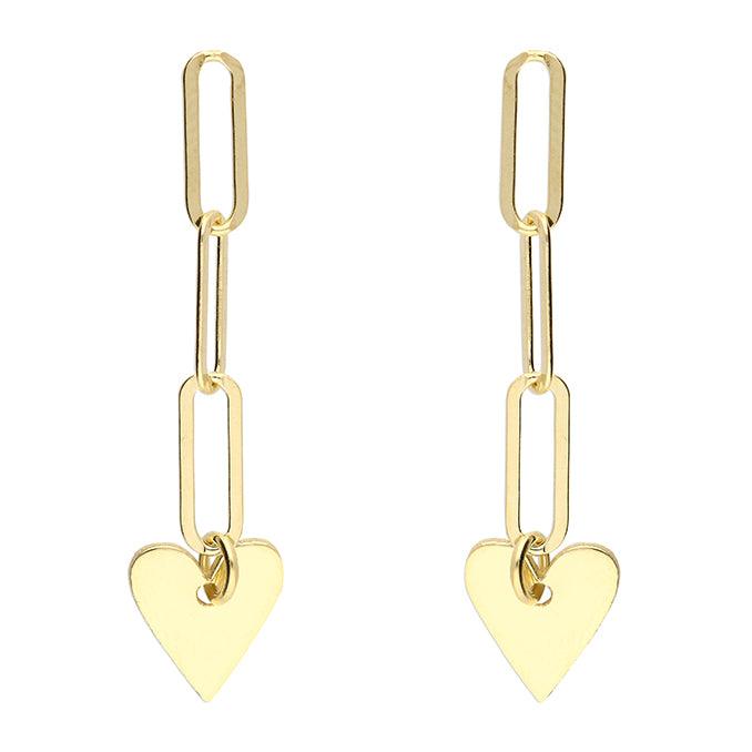 Gold Paper Chain Link Stud Drop Earrings with a Hanging Heart - Rococo Jewellery