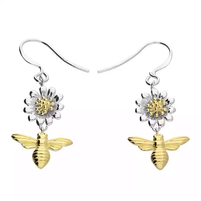 18ct Gold Vermeil and Sterling Silver Daisy and Bee Hook Drop Earrings - Rococo Jewellery