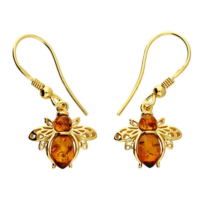 Gold Amber Bee Drop Earrings