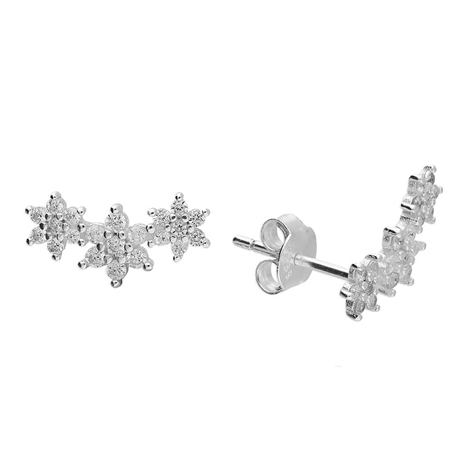 Sterling Silver Cubic Zirconia 3 Flower Climber Earrings