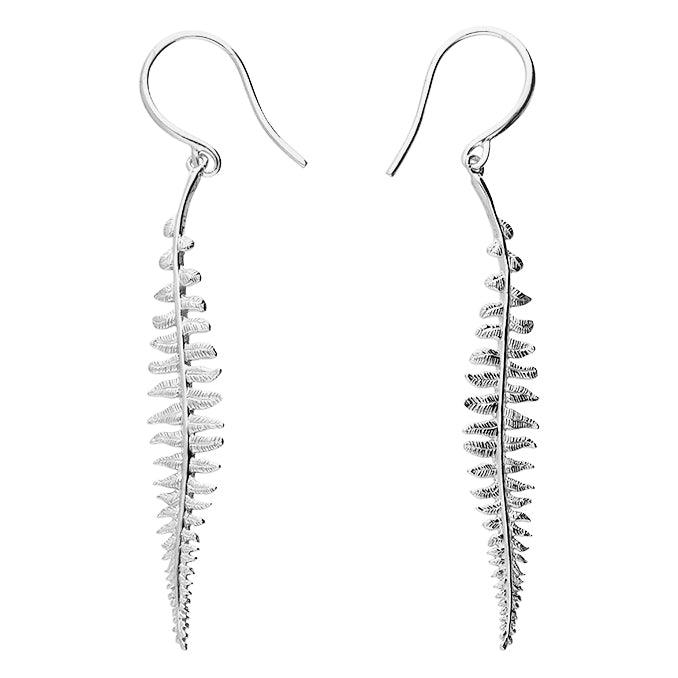 Sterling Silver Textured Fern Hook Drop Earrings - Rococo Jewellery