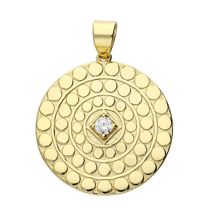 Gold Vermeil Sterling Silver Textured Disc Pendant with a Cubic Zirconia - Rococo Jewellery