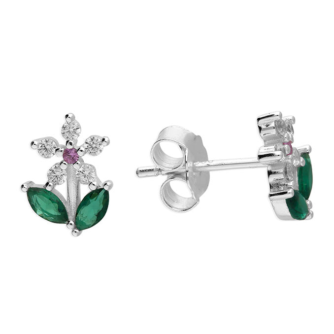 Sterling Silver Cubic Zirconia Flower Stud Earrings