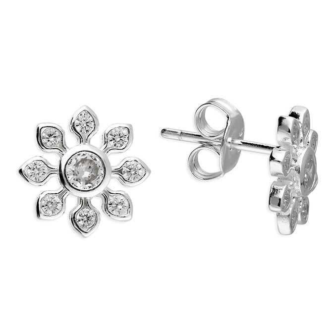 Sterling Silver Cubic Zirconia Flower Stud Earrings