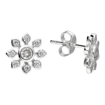 Sterling Silver Cubic Zirconia Flower Stud Earrings