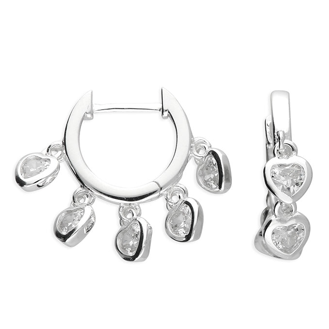 Sterling Silver Cubic Zirconia Heart Huggie Drop Earrings