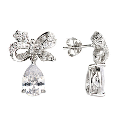 Sterling Silver Cubic Zirconia Bow Pear Drop Earrings