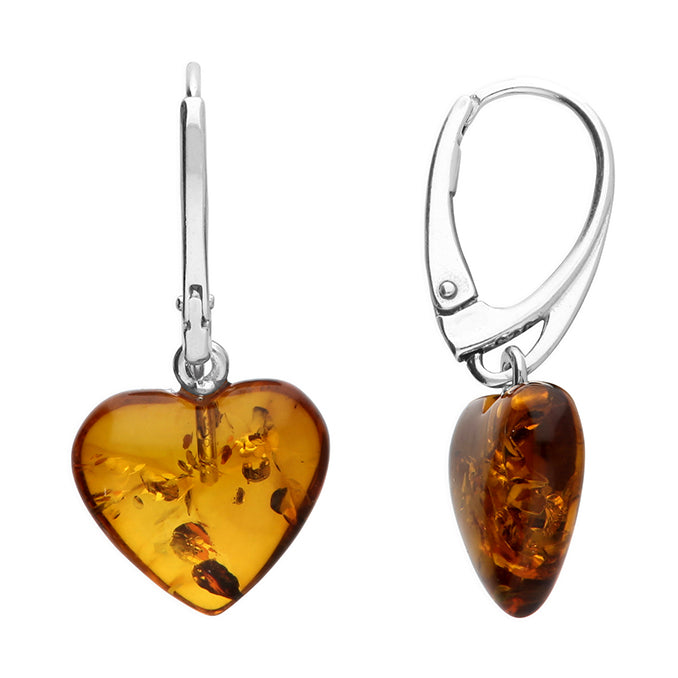 Sterling Silver Amber Heart Drop Earrings