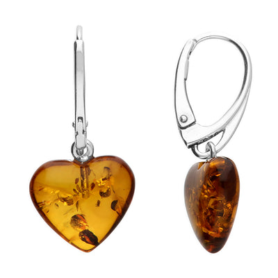 Sterling Silver Amber Heart Drop Earrings