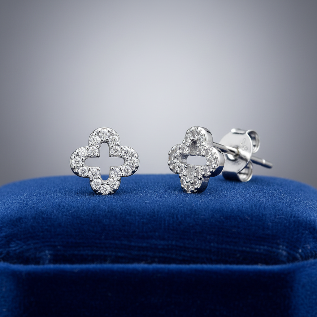 Sterling Silver Cubic Zirconia Clover Stud Earrings