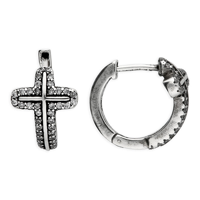 Sterling Silver Oxidised Cross Huggie Hoop Earrings