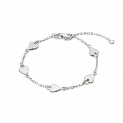 Silver bracelet with heart-shaped links on a white background