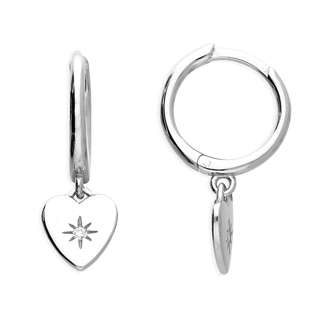 Sterling Silver Heart Charm Hoop Earrings