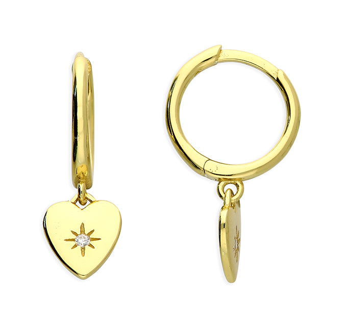Gold Vermeil Cubic Zirconia Heart Charm Hoop Earrings