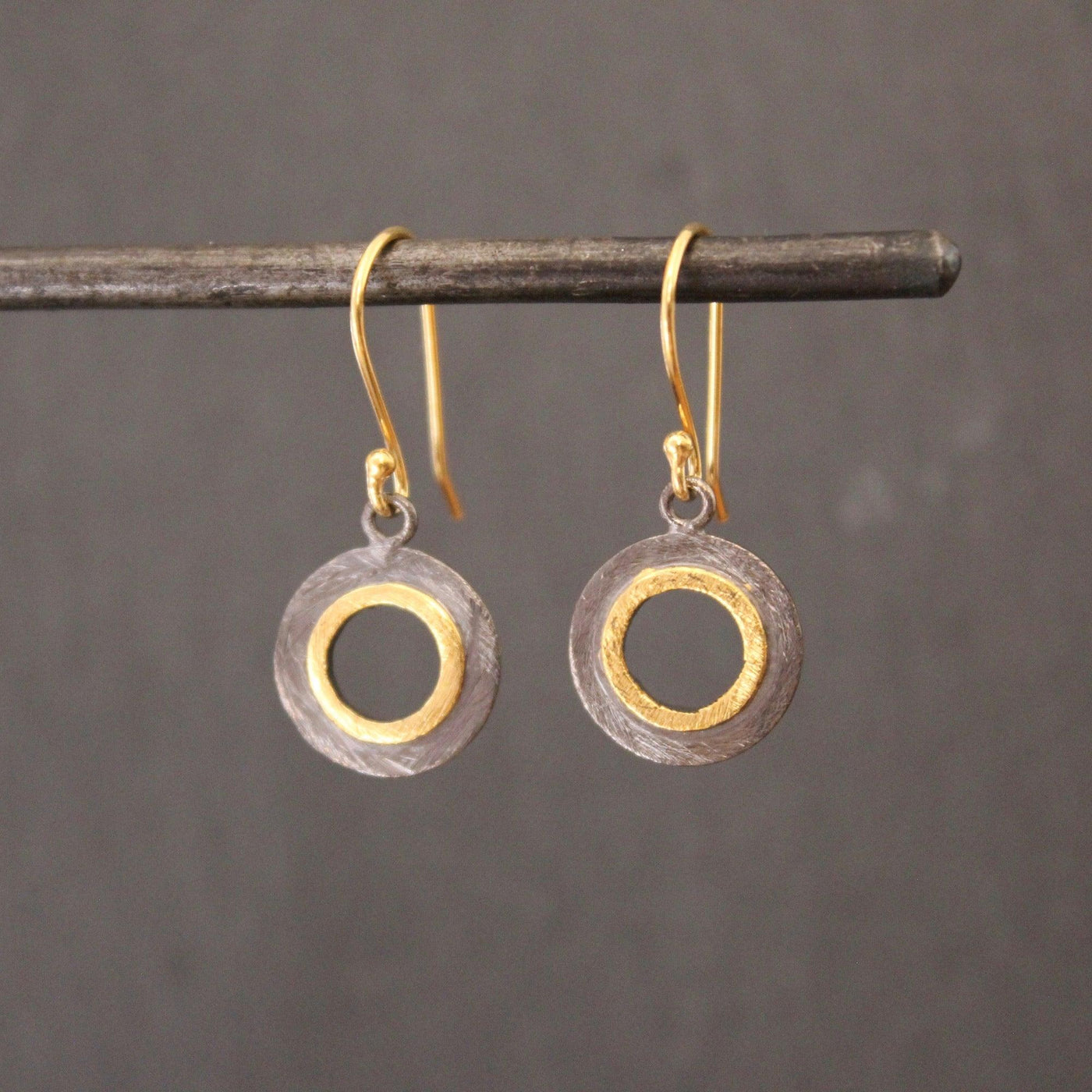 Gold and Silver Mixed Metals Circle Drop Earrings - Rococo Jewellery