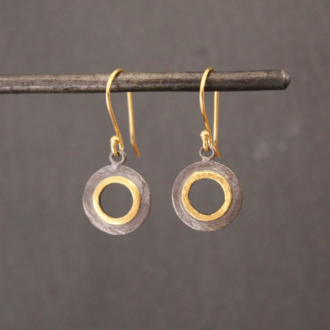 Gold and Black Rhodium Mixed Metals Circle Drop Earrings - Rococo Jewellery