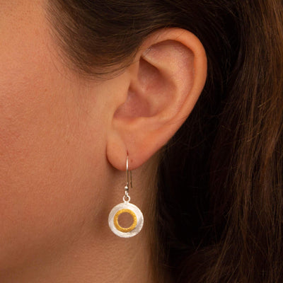 Gold and Silver Mixed Metals Circle Drop Earrings - Rococo Jewellery