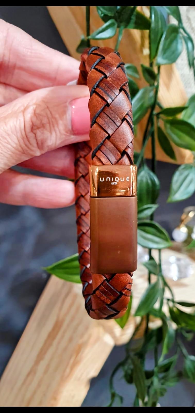 Unique & Co Rose Gold and Brown Wide Leather Bracelet - Rococo Jewellery