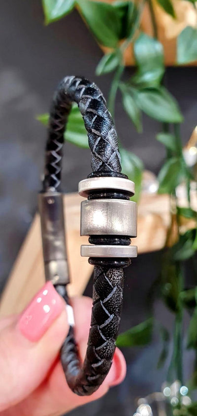 Unique & Co Black Leather Bracelet with a Gunmetal Charm - Rococo Jewellery