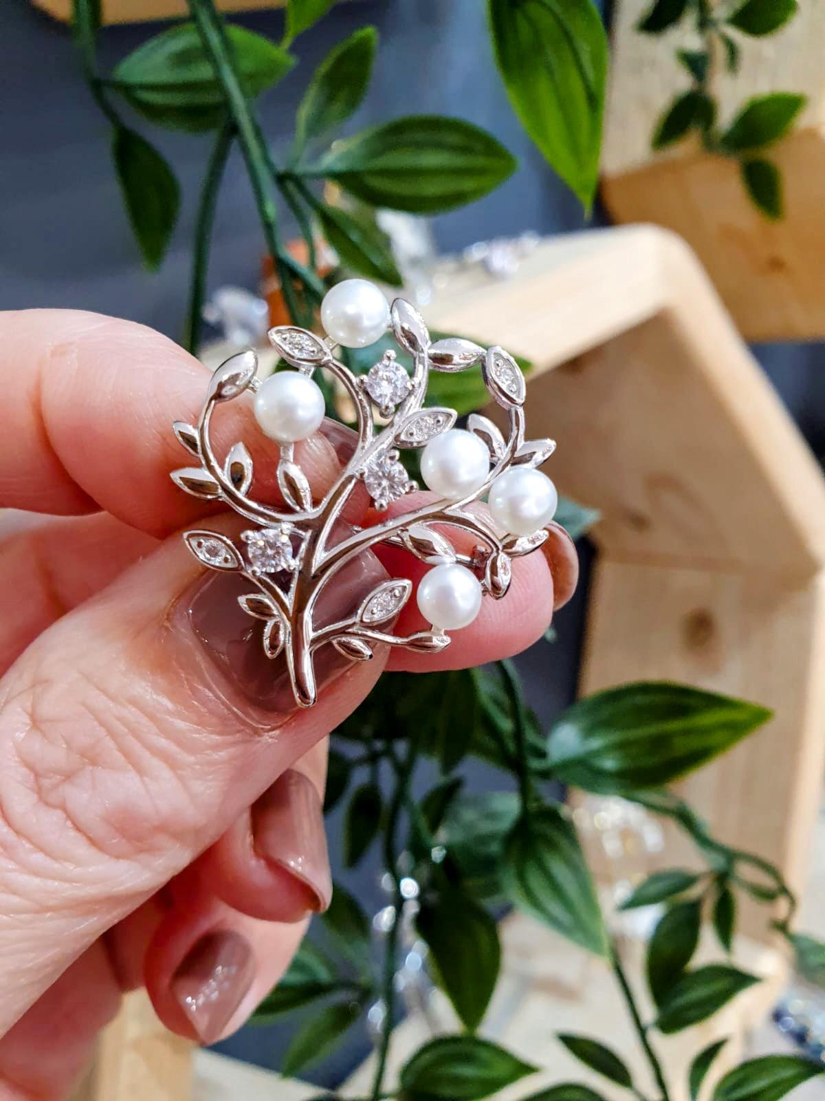 Sterling Silver Pearl and Cubic Zirconia Tree of Life Brooch - Rococo Jewellery