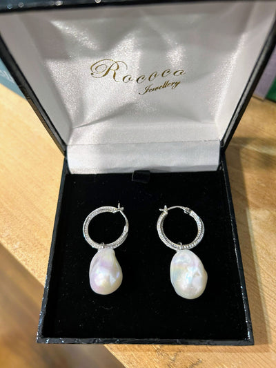 Sterling Silver Large Baroque Pearl and Cubic Zirconia Hoop Earrings