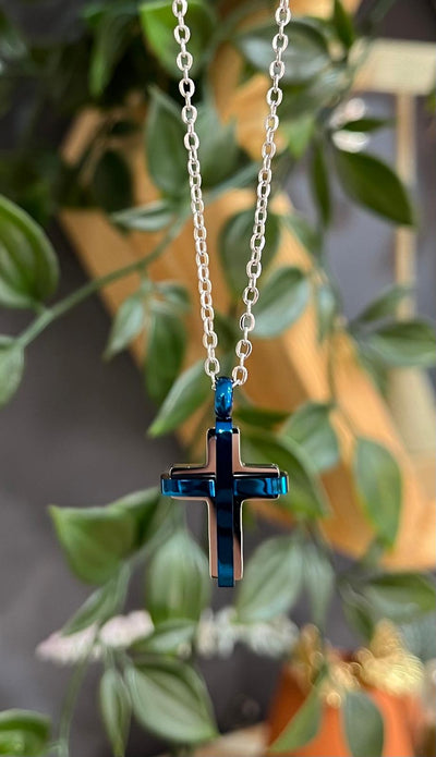 Unique & Co Stainless Steel Cross Blue IP Pendant Necklace