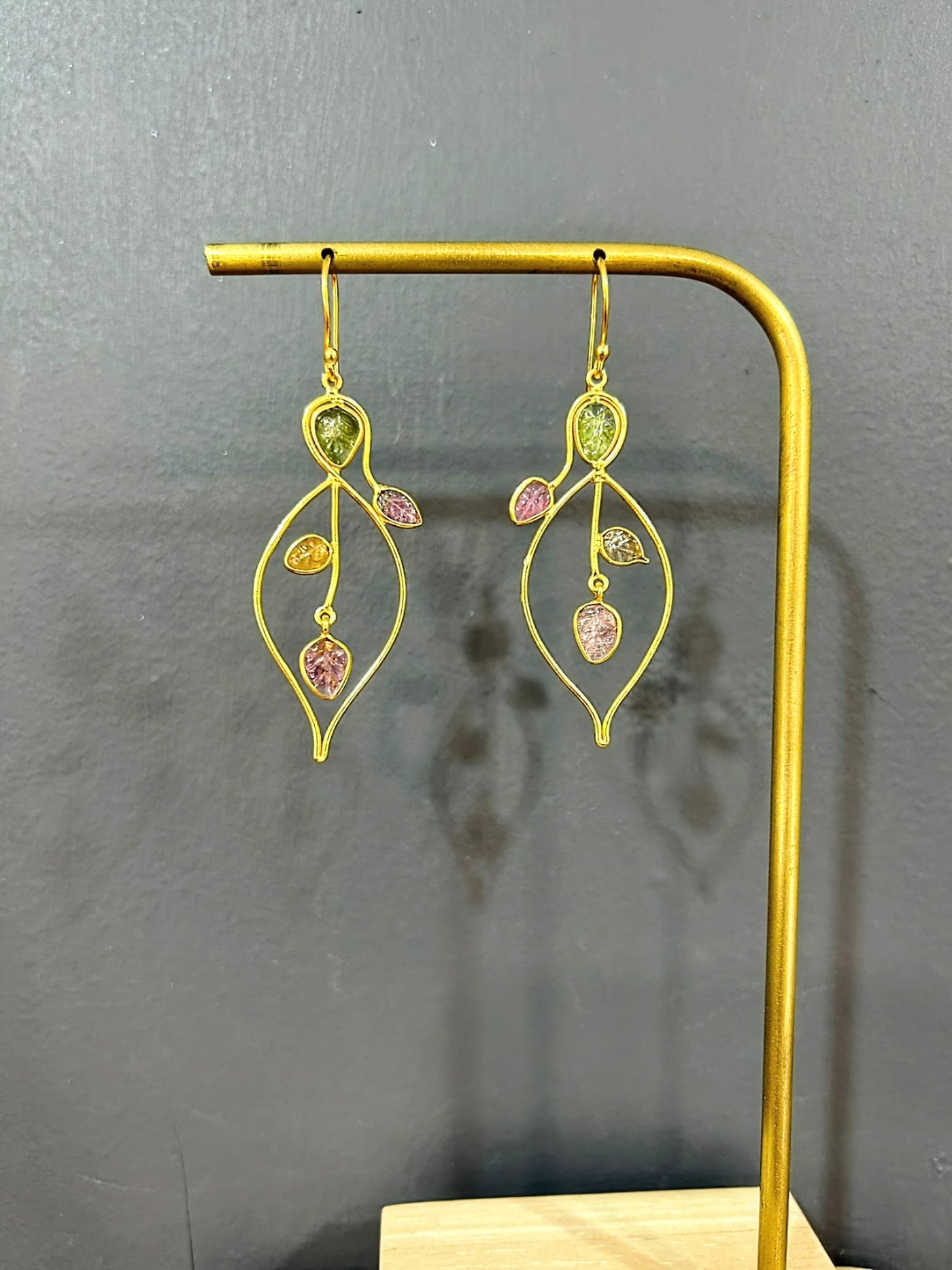 Gold Carved Tourmaline Art Nouveau Drop Earrings