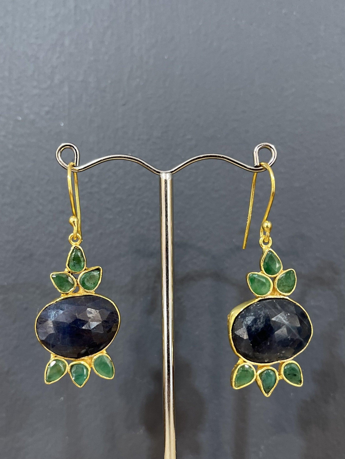 Gold Blue Sapphire and Emerald Drop Earrings - Rococo Jewellery