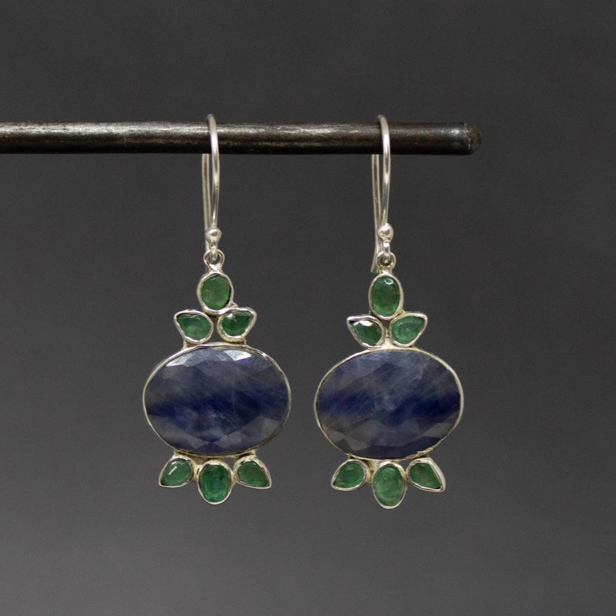 Silver Blue Sapphire and Emerald Drop Earrings - Rococo Jewellery