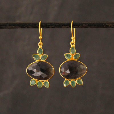 Gold Blue Sapphire and Emerald Drop Earrings - Rococo Jewellery
