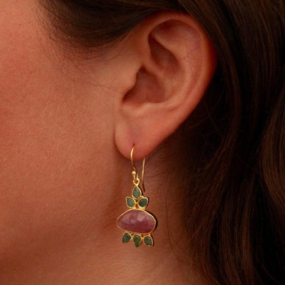 Gold Pink Sapphire and Emerald Pomegranate Drop Earrings - Rococo Jewellery