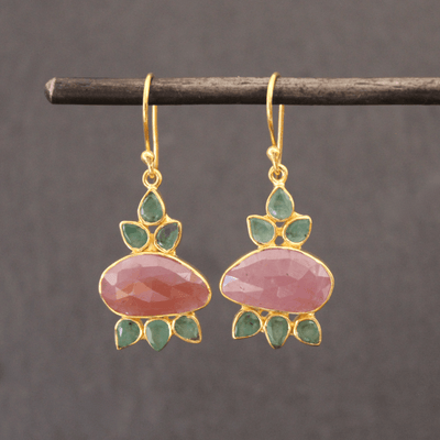 Gold Pink Sapphire and Emerald Pomegranate Drop Earrings - Rococo Jewellery