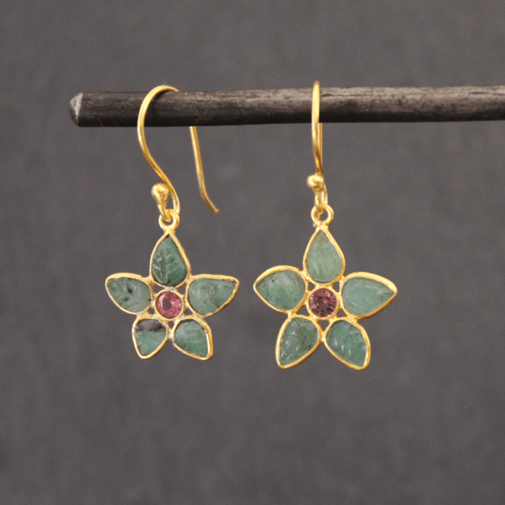 18ct Gold Vermeil Emerald & Ruby Flower Drop Earrings - Rococo Jewellery