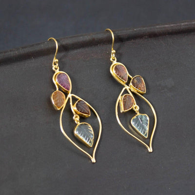 Gold Carved Tourmaline Art Nouveau Drop Earrings - Rococo Jewellery