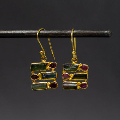 Gold and Tourmaline Square Drop Earrings - Rococo Jewellery