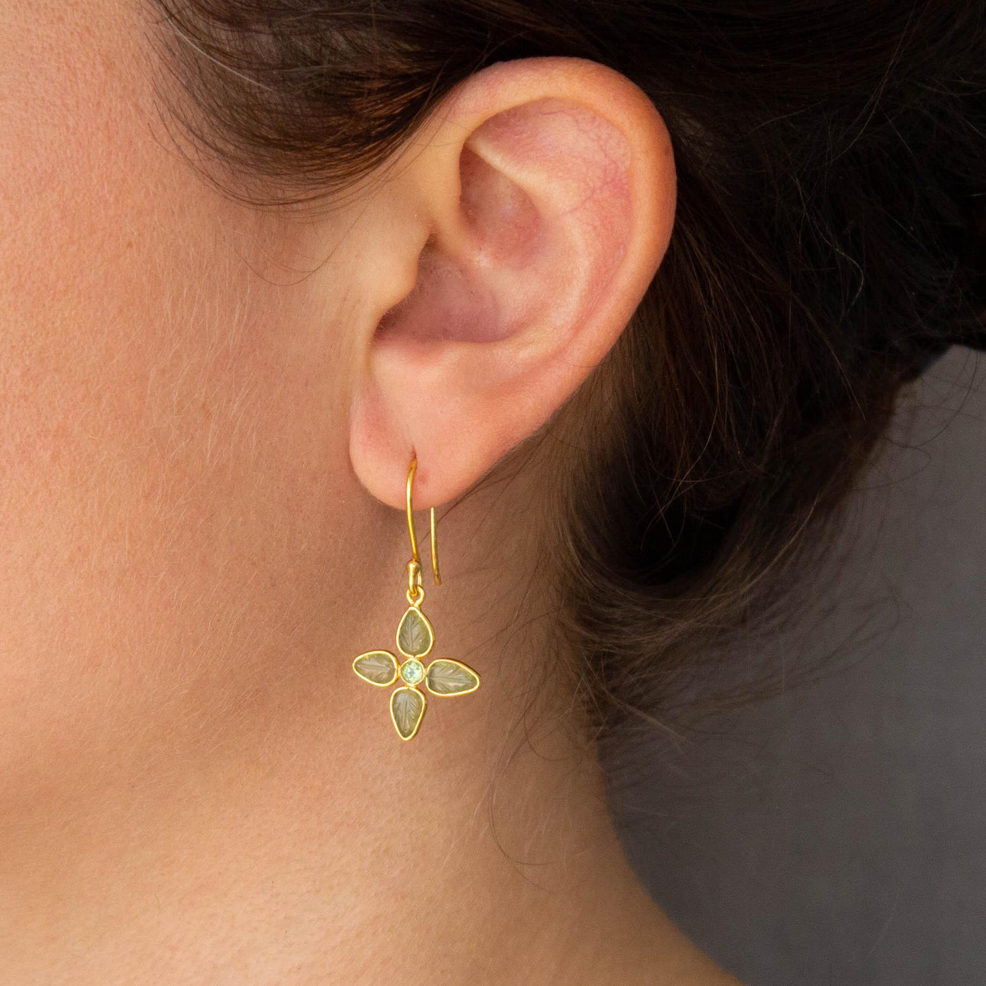 Gold Carved Peridot Leaf Earrings - Rococo Jewellery