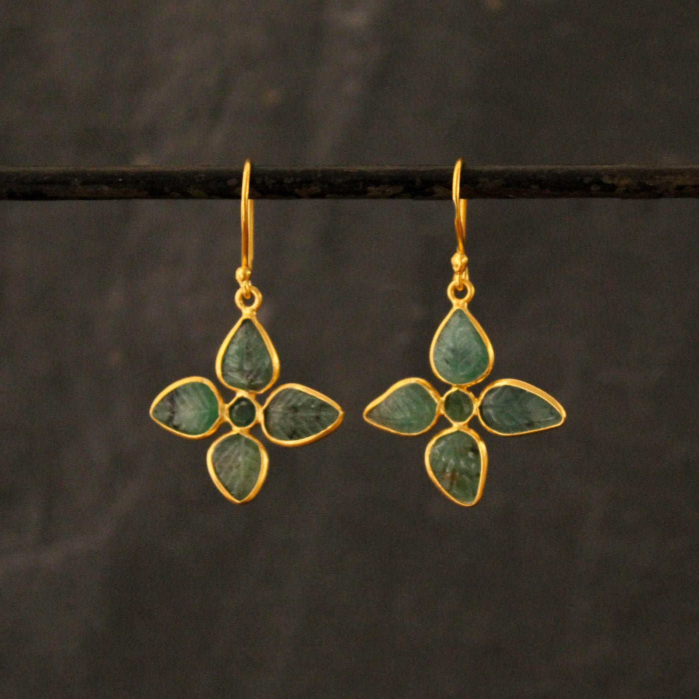 Carved Emerald Gold Leaf Earrings - Rococo Jewellery