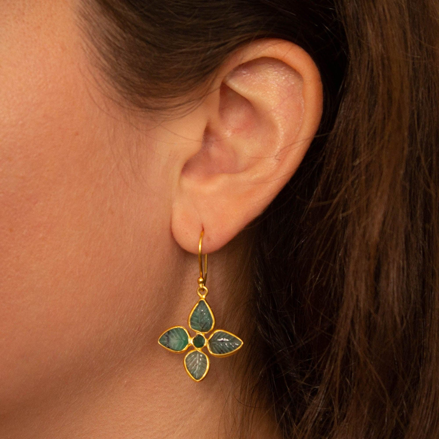 Carved Emerald Gold Leaf Earrings - Rococo Jewellery