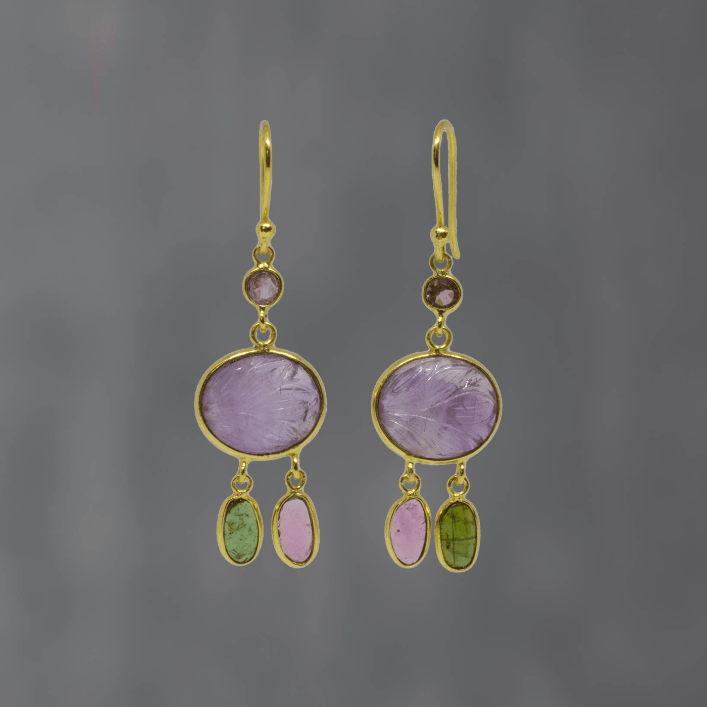 18ct Gold Vermeil Carved Amethyst and Tourmaline Earrings - Rococo Jewellery