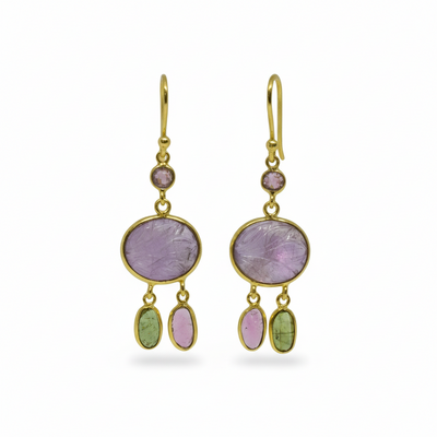 18ct Gold Vermeil Carved Amethyst and Tourmaline Earrings