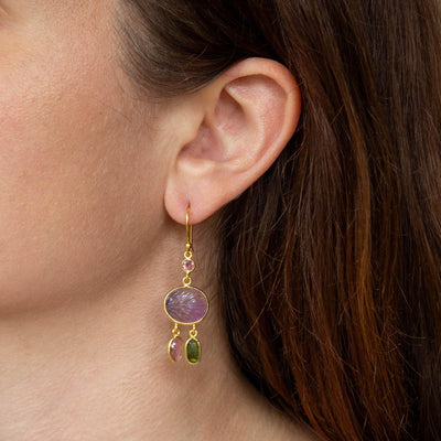18ct Gold Vermeil Carved Amethyst and Tourmaline Earrings - Rococo Jewellery